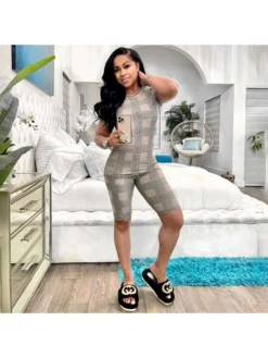 Houndstooth Printed Short Sleeve 2 Piece Shorts Sets