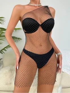 Beach Club See Through Metal Rhinestone One Shoulder Dress