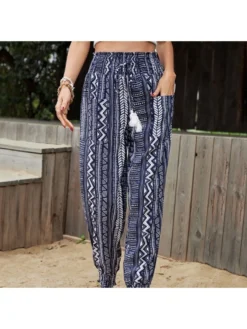 Blue Printed Tassels Drawstring Ethnic Style Pants For Women