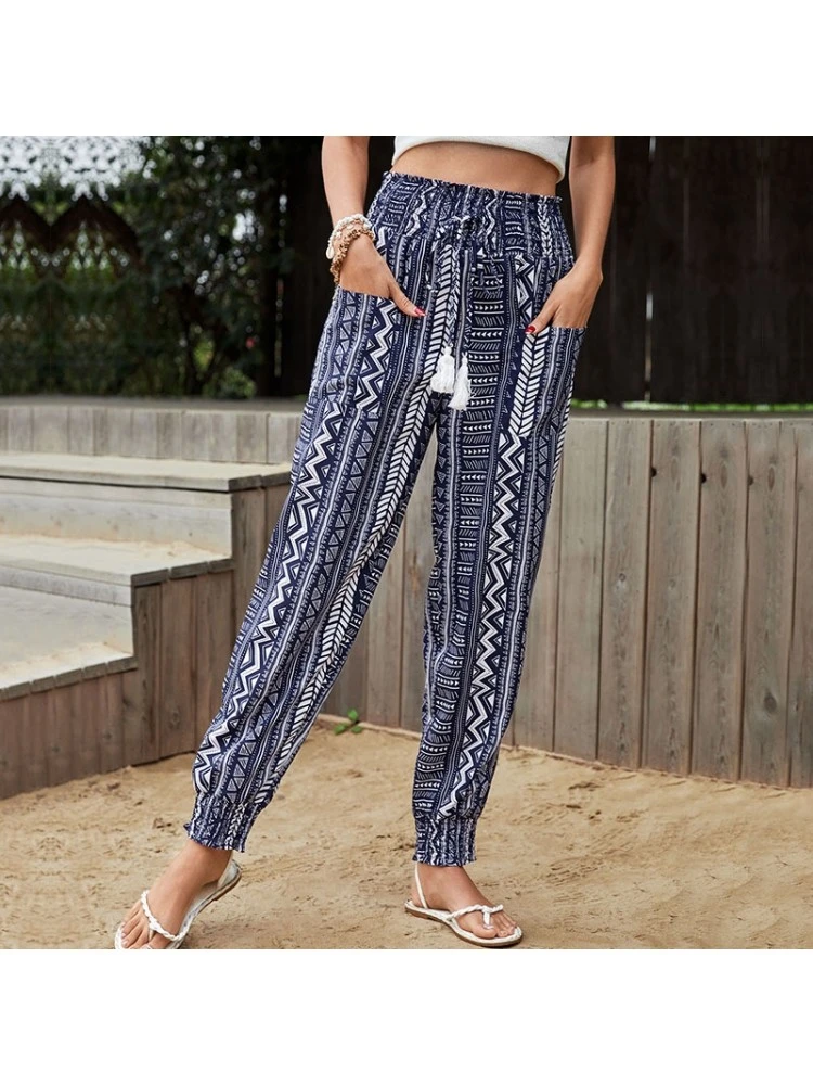 Blue Printed Tassels Drawstring Ethnic Style Pants For Women - Image 2