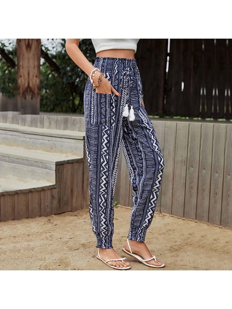 Blue Printed Tassels Drawstring Ethnic Style Pants For Women - Image 3