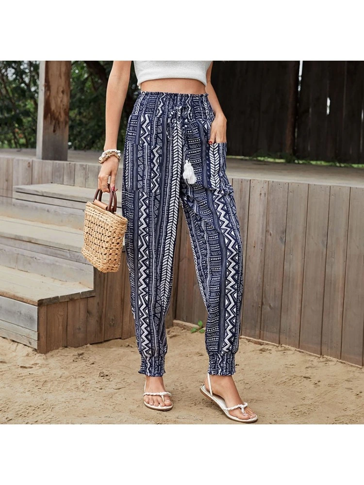 Blue Printed Tassels Drawstring Ethnic Style Pants For Women - Image 4