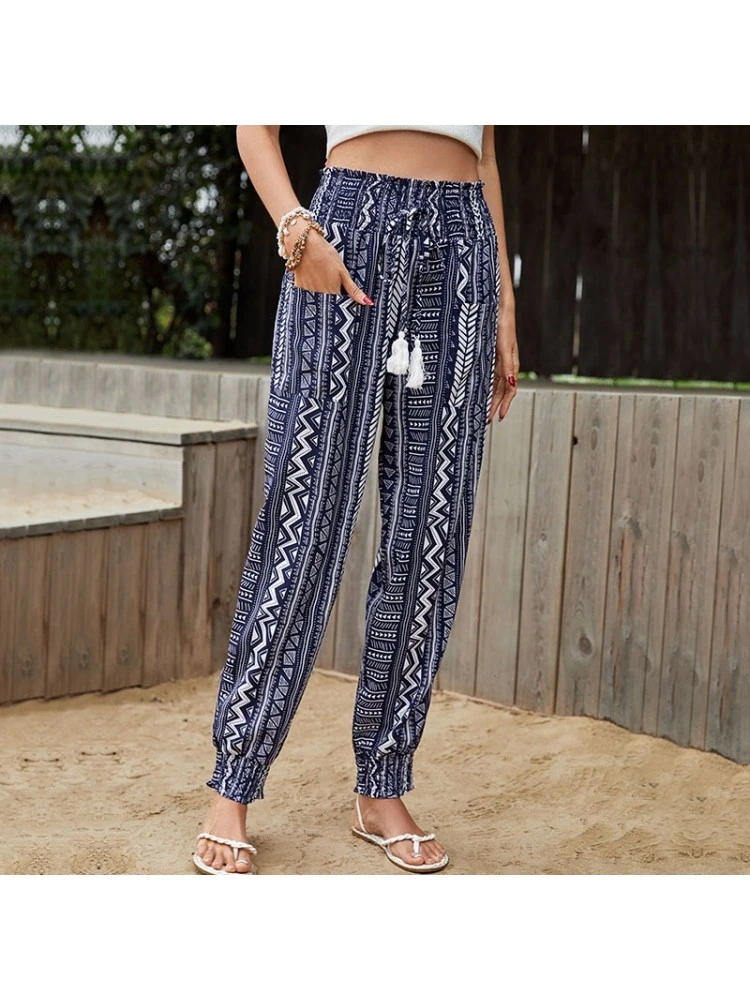 Blue Printed Tassels Drawstring Ethnic Style Pants For Women - Image 5