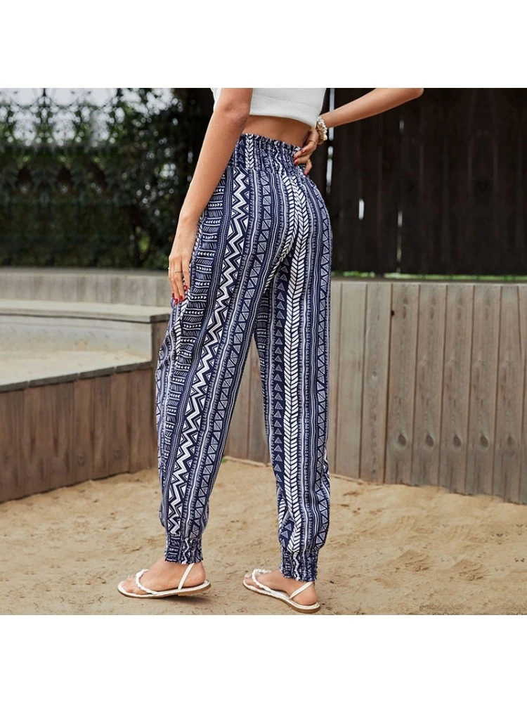 Blue Printed Tassels Drawstring Ethnic Style Pants For Women - Image 6