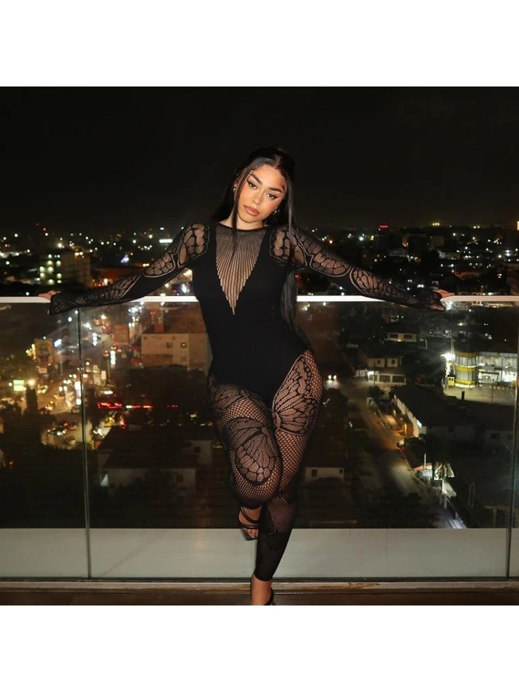 Fashion Tight Sexy Black Long Sleeve Jumpsuits - Image 2