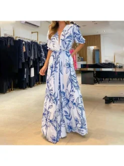 Casual Loose Printing Short Sleeve Long Dress