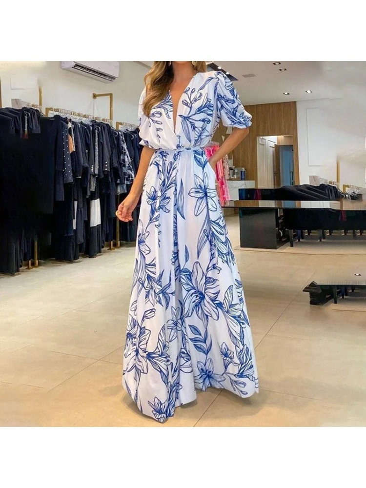 Casual Loose Printing Short Sleeve Long Dress
