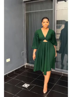 V Neck Hollowed Out Drape Long Sleeve Dress