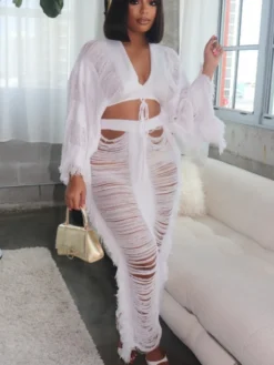 Casual Pure Color Hollowed Out Knitting Skirt Set