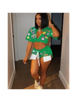 Printing Patchwork Split Hem Sexy Two Piece Short Sets