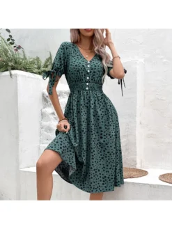 V-Neck Leopard Print Blackish Green Women's Dress