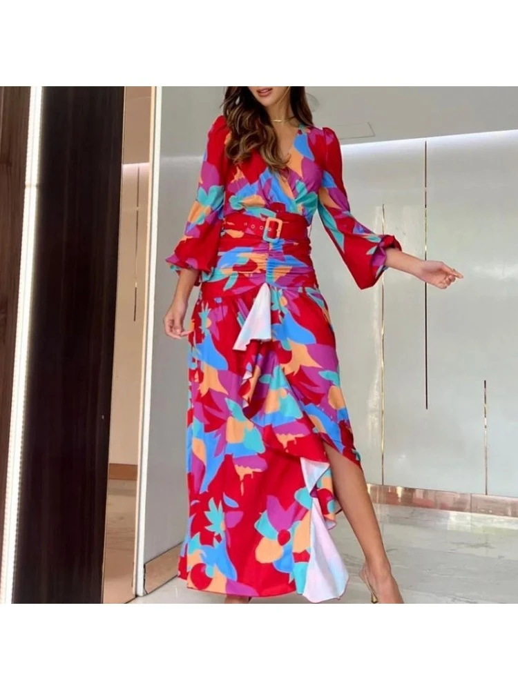Retro Printed Deep V Long Sleeve Maxi Dress