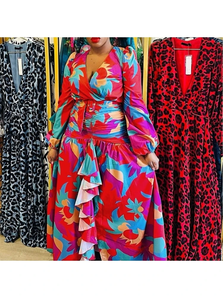 Retro Printed Deep V Long Sleeve Maxi Dress - Image 2