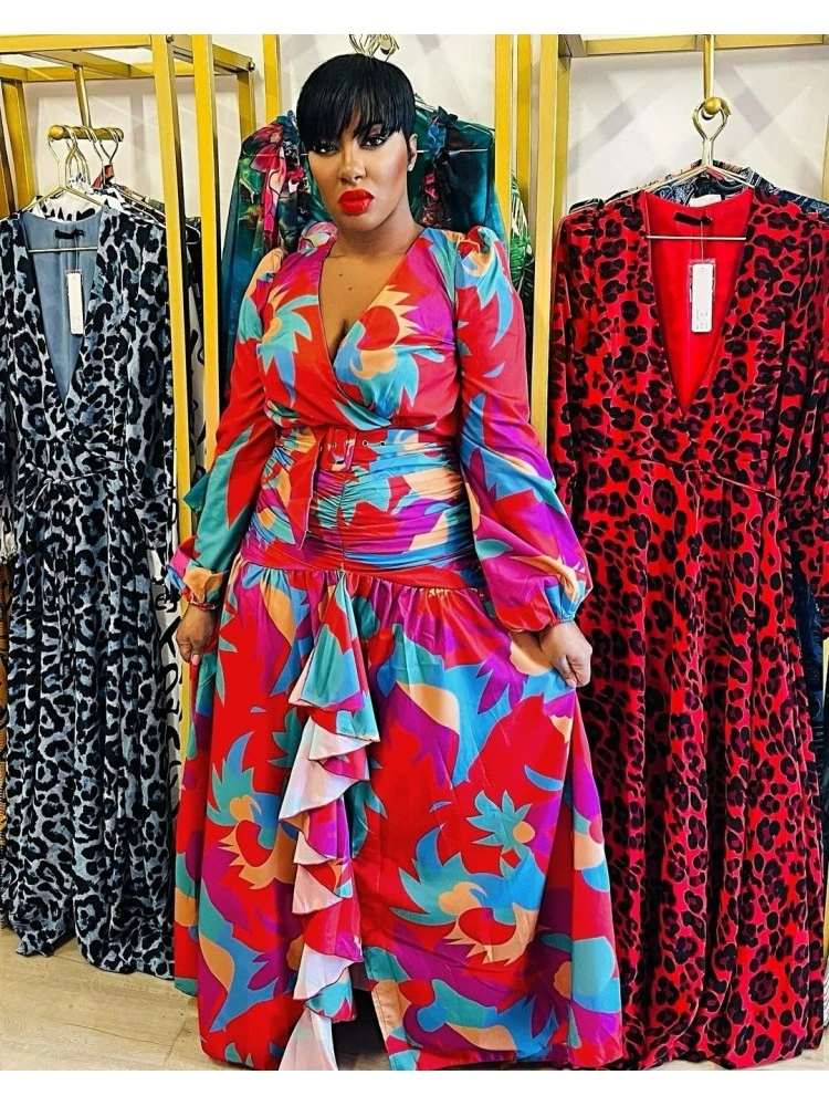 Retro Printed Deep V Long Sleeve Maxi Dress - Image 3