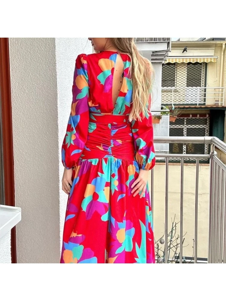 Retro Printed Deep V Long Sleeve Maxi Dress - Image 5