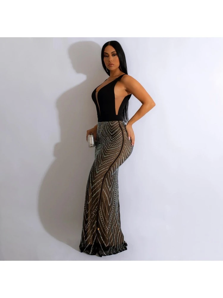 Club Low Cut Backless Black Hot Drilling Maxi Dress