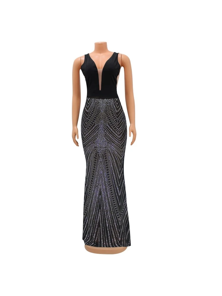 Club Low Cut Backless Black Hot Drilling Maxi Dress - Image 3