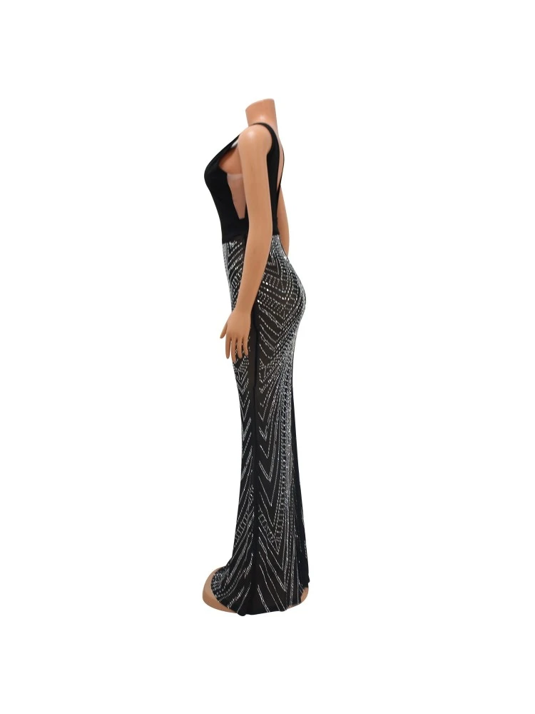Club Low Cut Backless Black Hot Drilling Maxi Dress - Image 4