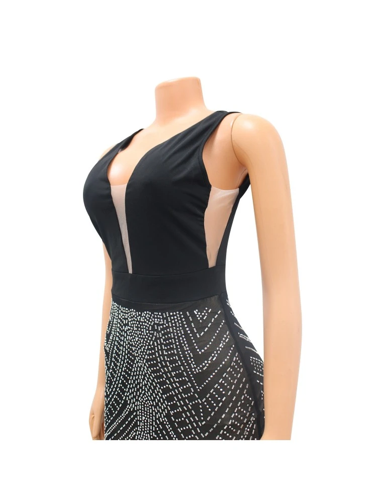 Club Low Cut Backless Black Hot Drilling Maxi Dress - Image 6