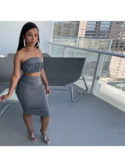 Women's Dark Gray Ruched Backless Skirt Sets