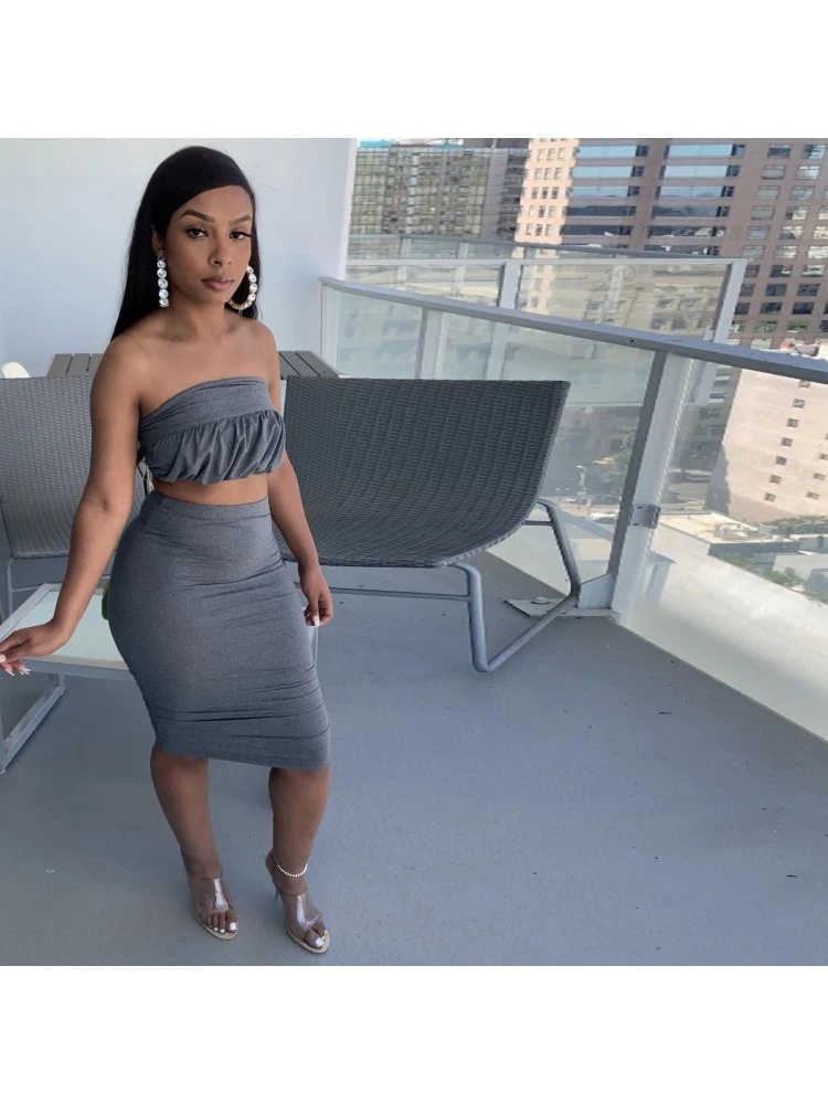 Women's Dark Gray Ruched Backless Skirt Sets