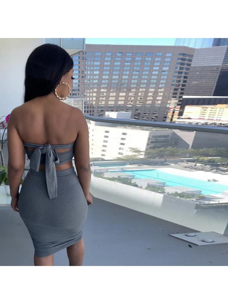 Women's Dark Gray Ruched Backless Skirt Sets - Image 2