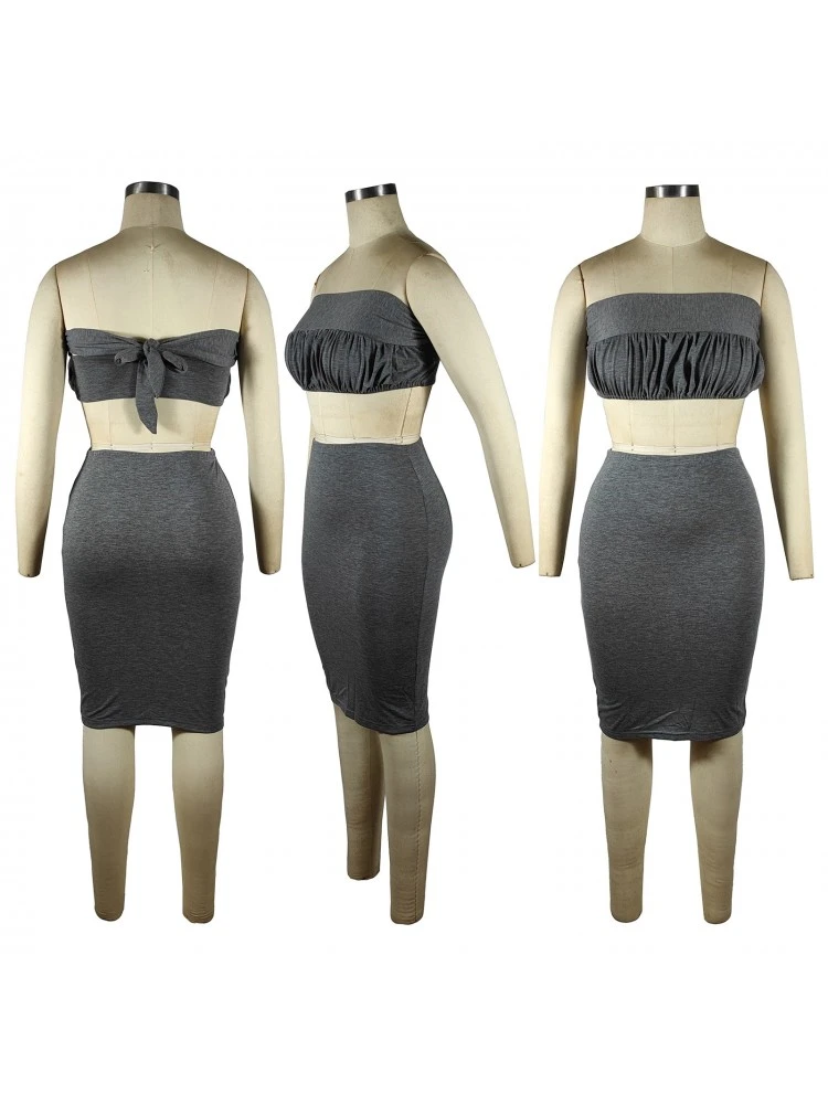 Women's Dark Gray Ruched Backless Skirt Sets - Image 3