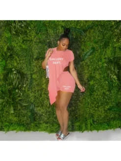 Letter Printed Irregular Short Sleeve 2pc Shorts Sets