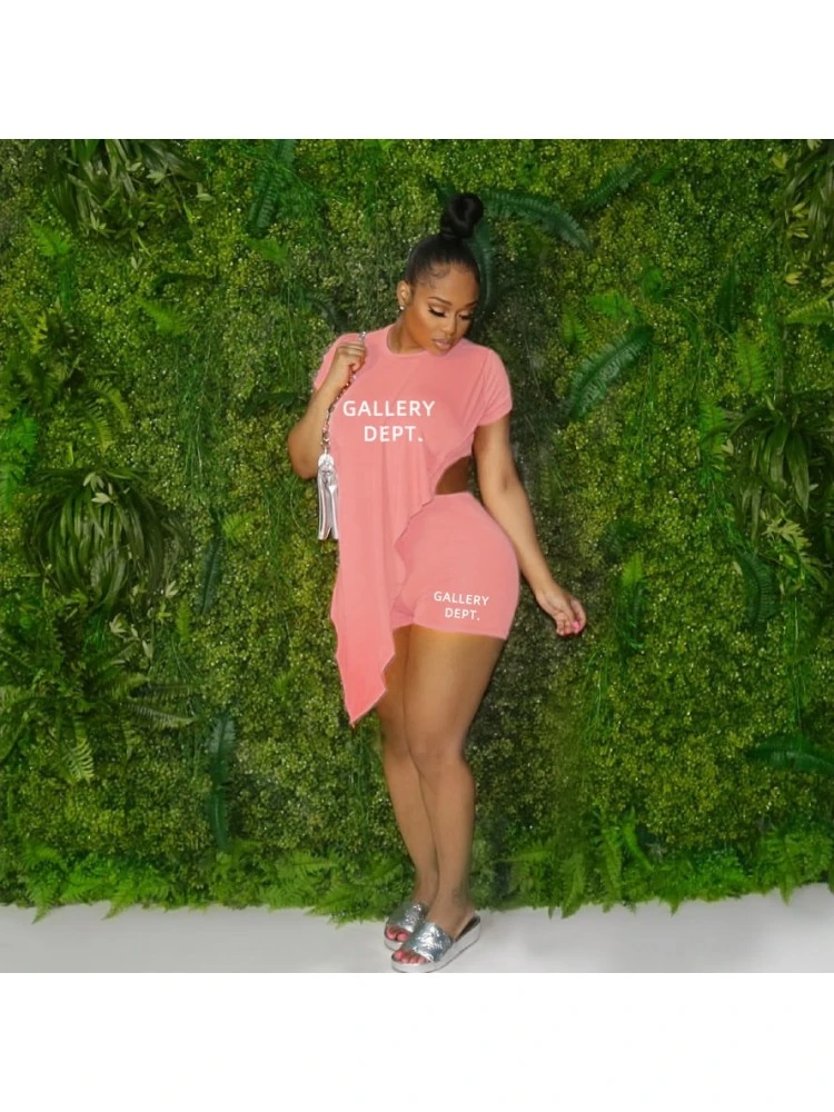 Letter Printed Irregular Short Sleeve 2pc Shorts Sets