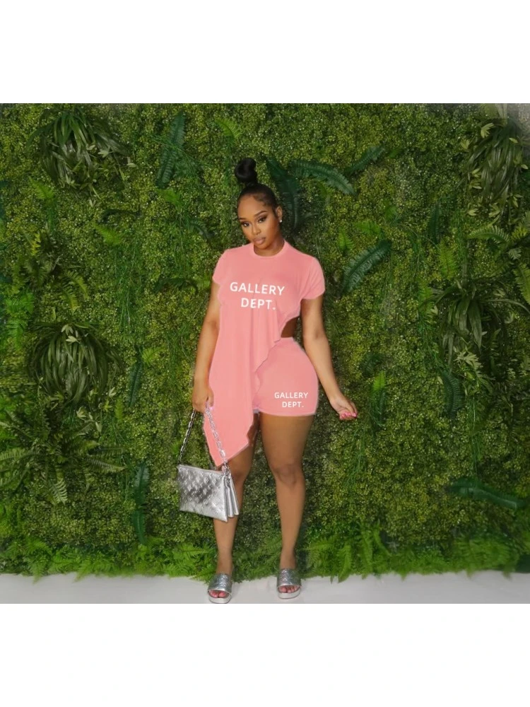 Letter Printed Irregular Short Sleeve 2pc Shorts Sets - Image 3