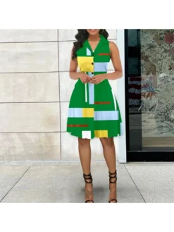 Elegant Colorblock V Neck Sleeveless Dress