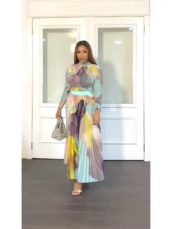 Women's Casual Ruched Long Skirt Two-Piece Set