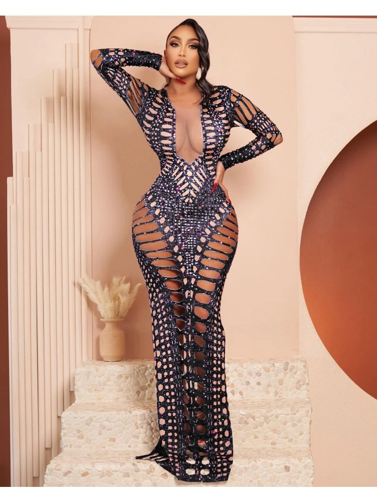 Sexy Hot Drilling Hollowed Out Long Dress Women