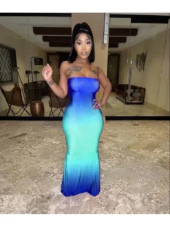 Women Gradient Color Strapless Maxi Dress