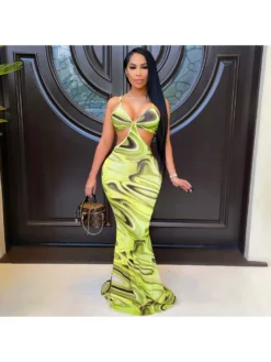 V Neck Hollowed Out Printing Floor Dress