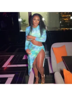 Women's Blue Crew Collar Hollowed Out Printing Dress