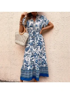 Holiday V Neck Blue Print Midi Dress