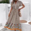 V-Neck Floral Khaki Dress For Women