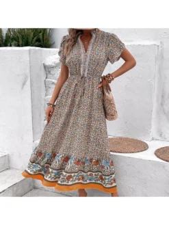 V-Neck Floral Khaki Dress For Women