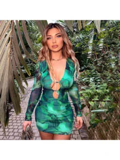 Green Hollowed Out Long Sleeve Dress