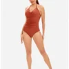 Solid Ruched Backless One-Piece Swimsuit