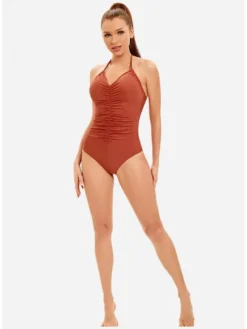 Solid Ruched Backless One-Piece Swimsuit