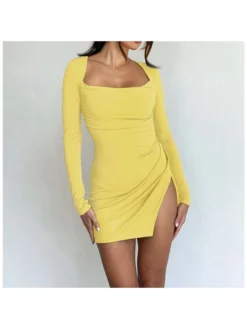 Women's Elegant Backless Split Hem Ruched Solid Dress