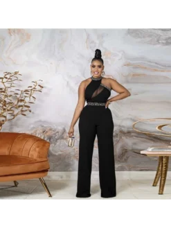 Sexy Mesh Patchwork Sleeveless Flared Leg Jumpsuits
