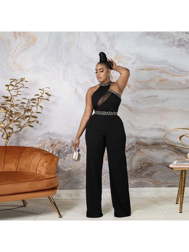 Sexy Mesh Patchwork Sleeveless Flared Leg Jumpsuits - Image 2