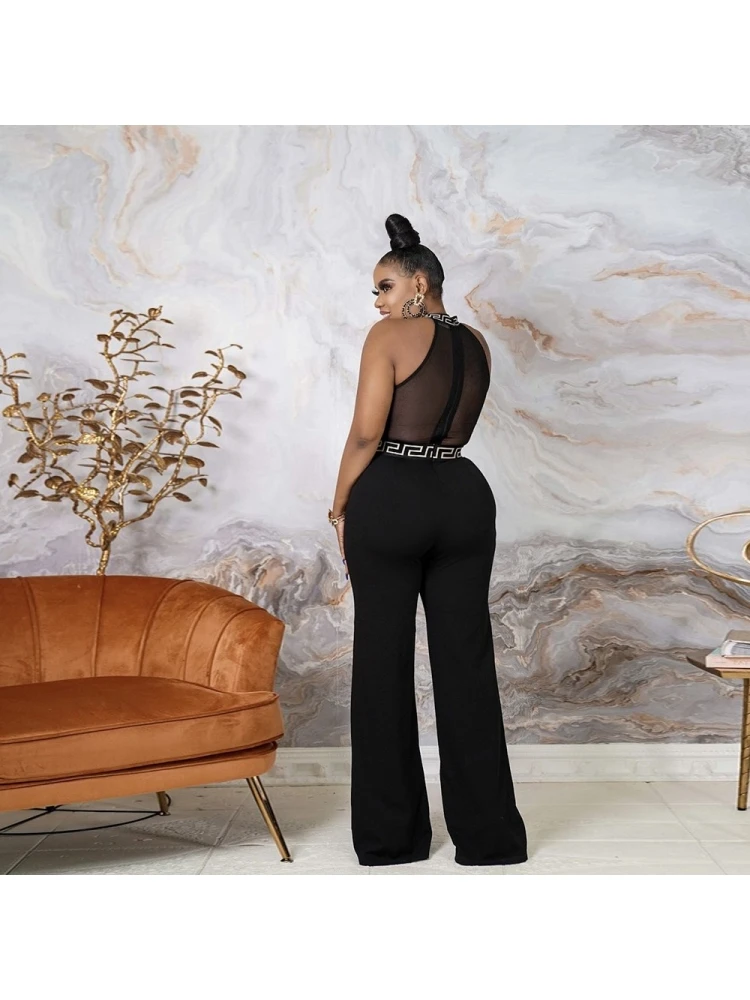 Sexy Mesh Patchwork Sleeveless Flared Leg Jumpsuits - Image 3