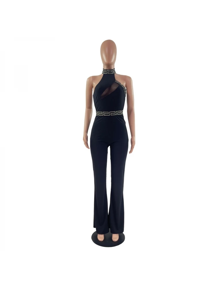 Sexy Mesh Patchwork Sleeveless Flared Leg Jumpsuits - Image 4