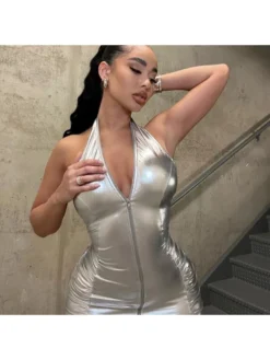 Silver Drawstring V-Neck Sleeveless Dress