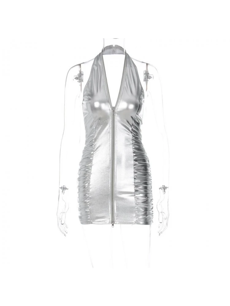 Silver Drawstring V-Neck Sleeveless Dress - Image 4