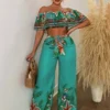 Printed Off Shoulder Top Wide Leg Pants Sets